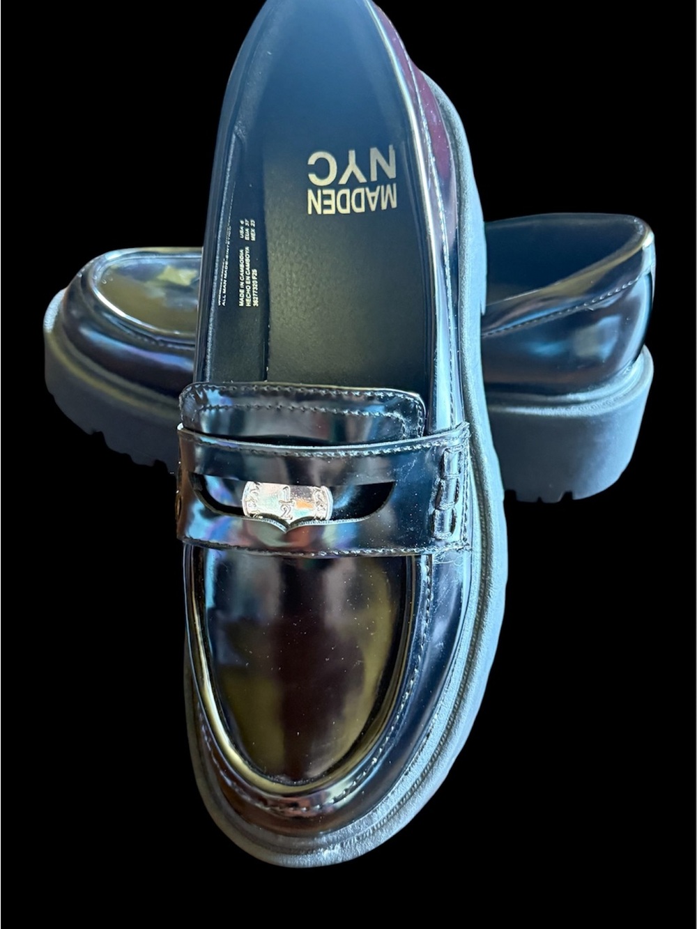NYC Kids Black Patent Loafers with Silver Bit